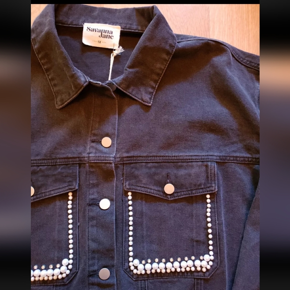 Savanna Jane Black Denim Jacket 1X Rhinestones Pearls Embellished